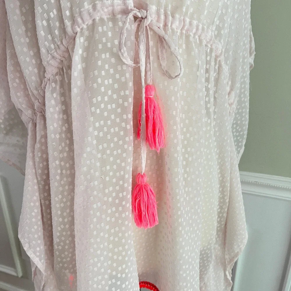 Steve Madden Kaftan Cover Up OSFM Women Sheer Dobby Dot Neon Pink Beach Pool